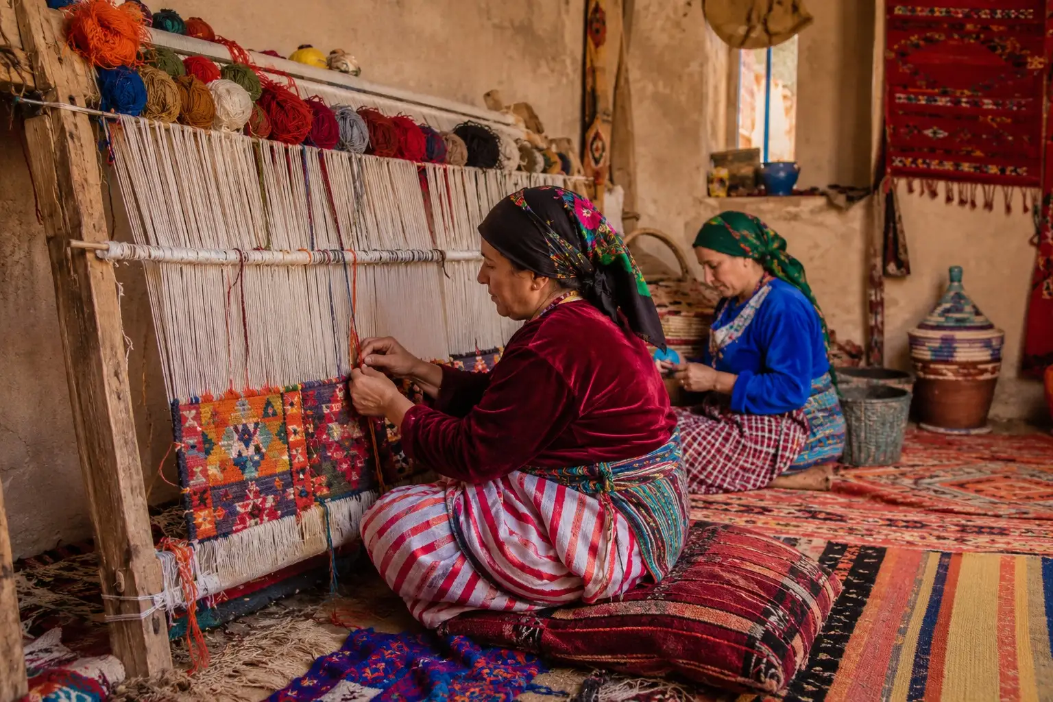 Berber woman weaving a traditional carpet in Dades Gorges village