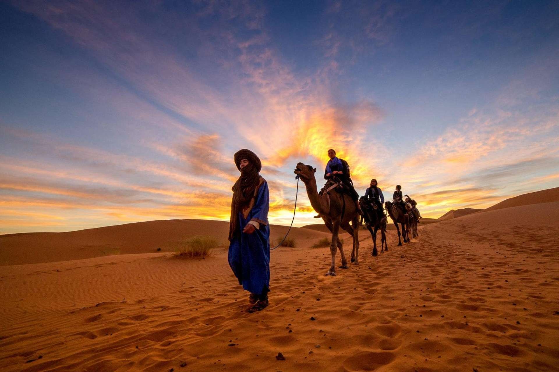 Camel caravan Sahara desert dunes sunset Merzouga Morocco