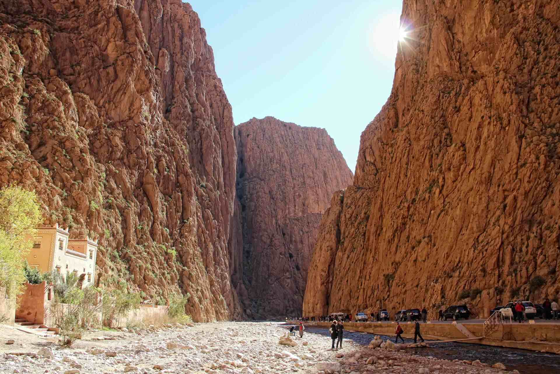 Dades river gorge red cliffs green vegetation Morocco