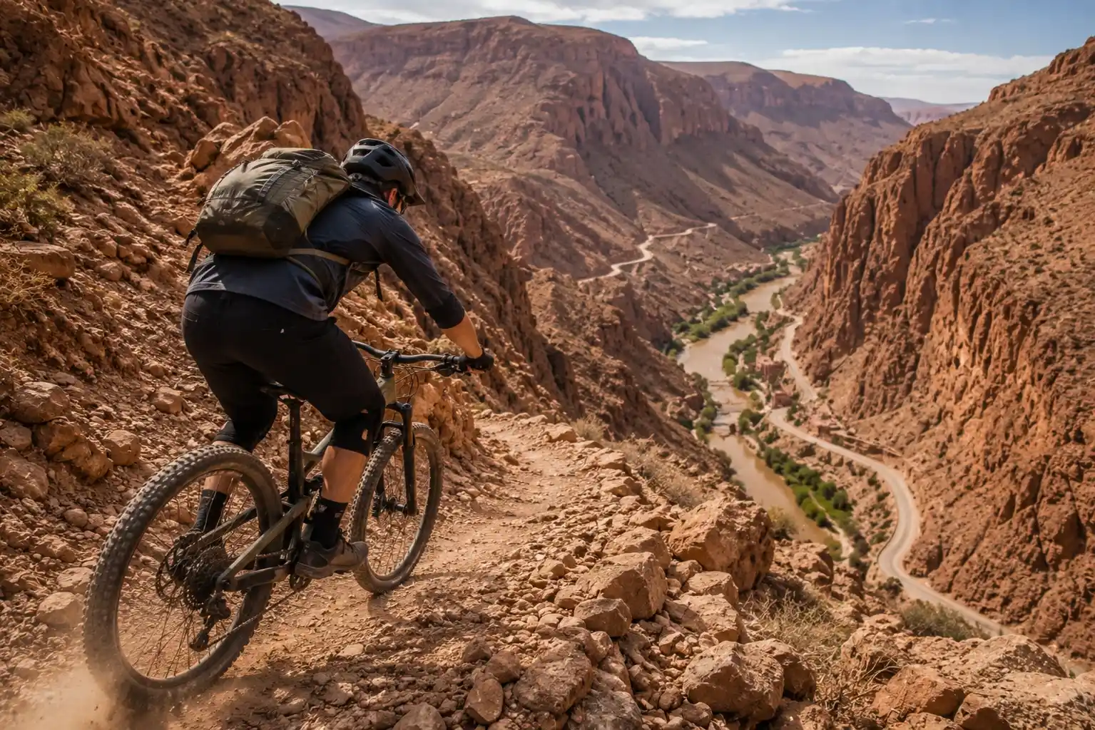 Mountain biker descending rocky Dades Gorges trail with canyon backdrop